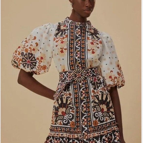 Farm Rio Flower Fan Tapestry Off-White Mini Dress - Picture 3 of 11